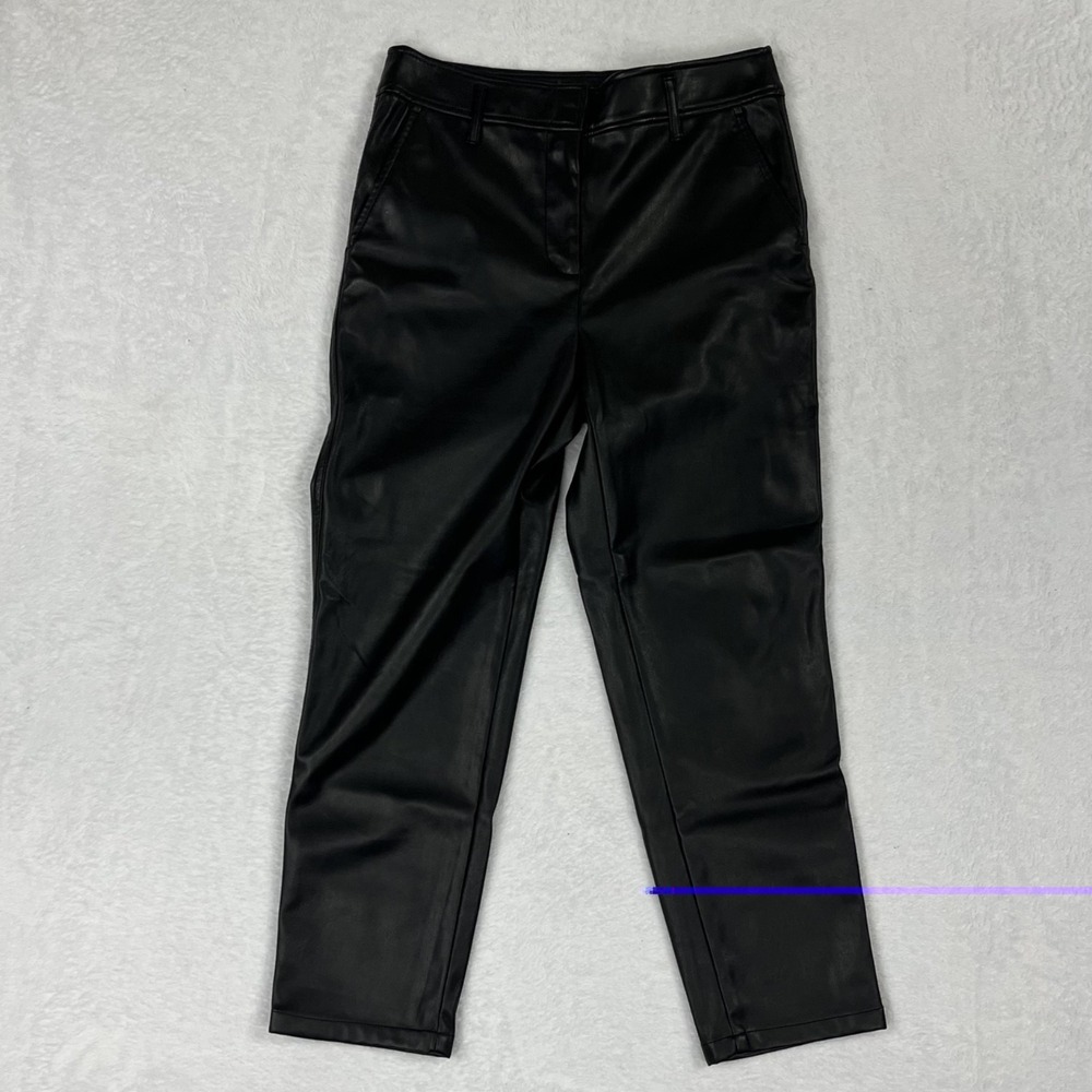 LOFT Women Black Faux Leather Tapered Ankle Pants Petite 2P Vegan Slim 596830